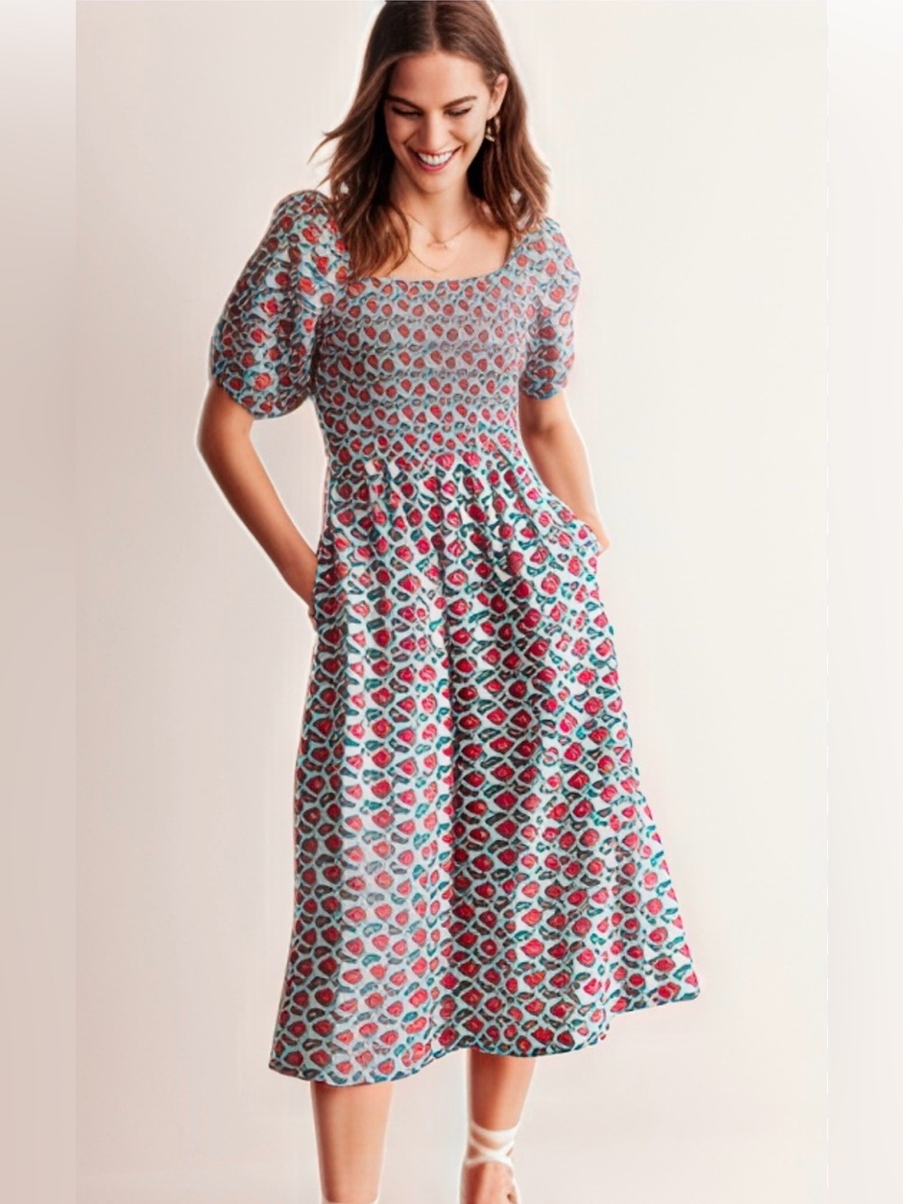 NEW Boden Sky Smocked Linen Midi Dress 16-18